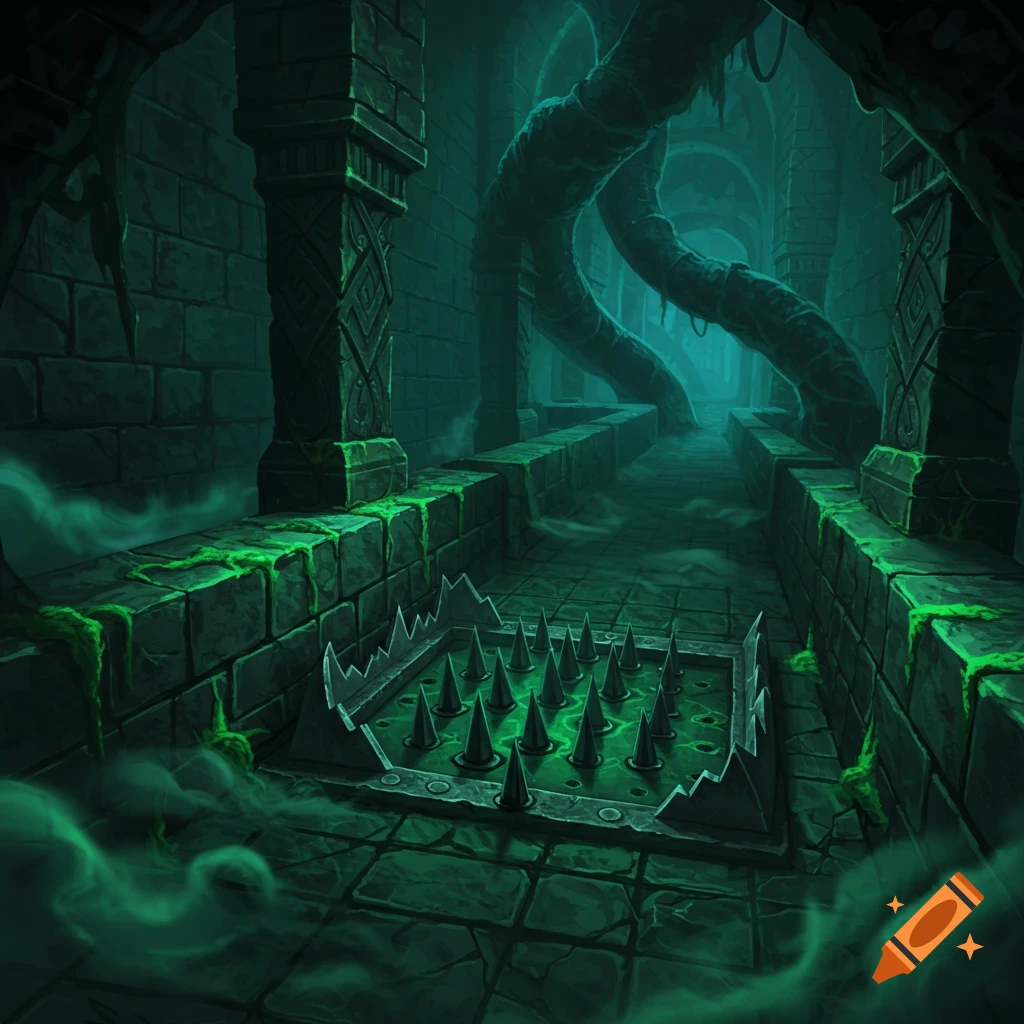 A dark fantasy dungeon with a spike trap, green glowing moss, and winding tubes in the ceiling.