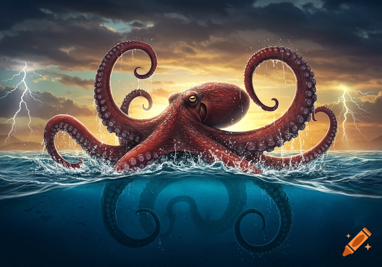 A colossal red octopus with swirling tentacles emerges from stormy ocean waves under a dramatic sky with lightning.