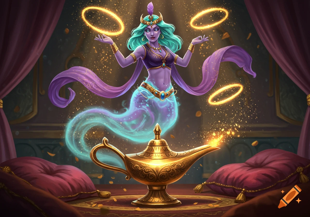 A purple-skinned genie with teal hair emerges from a golden lamp, surrounded by glowing rings and gold dust in a digital painting.