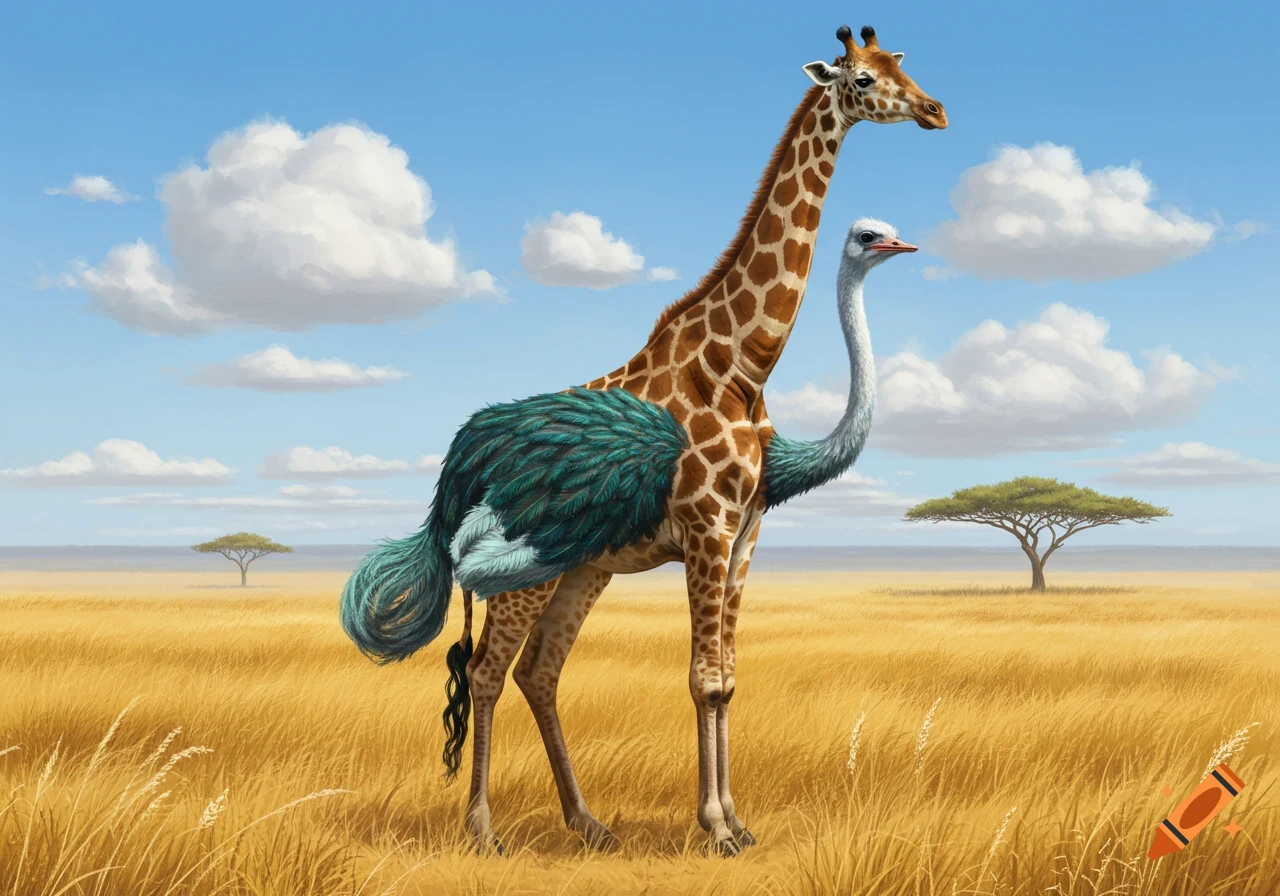 A fantastical giraffe-ostrich hybrid animal with a giraffe head, a feathered ostrich body, and giraffe legs stands in a sunny savanna.