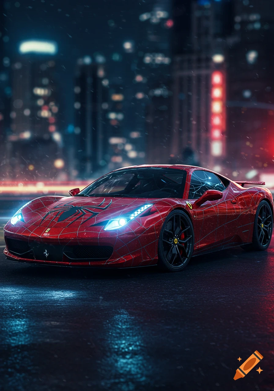 A red Ferrari sports car with a Spider-Man web pattern and logo drives through a rainy city street at night, with glowing headlights.