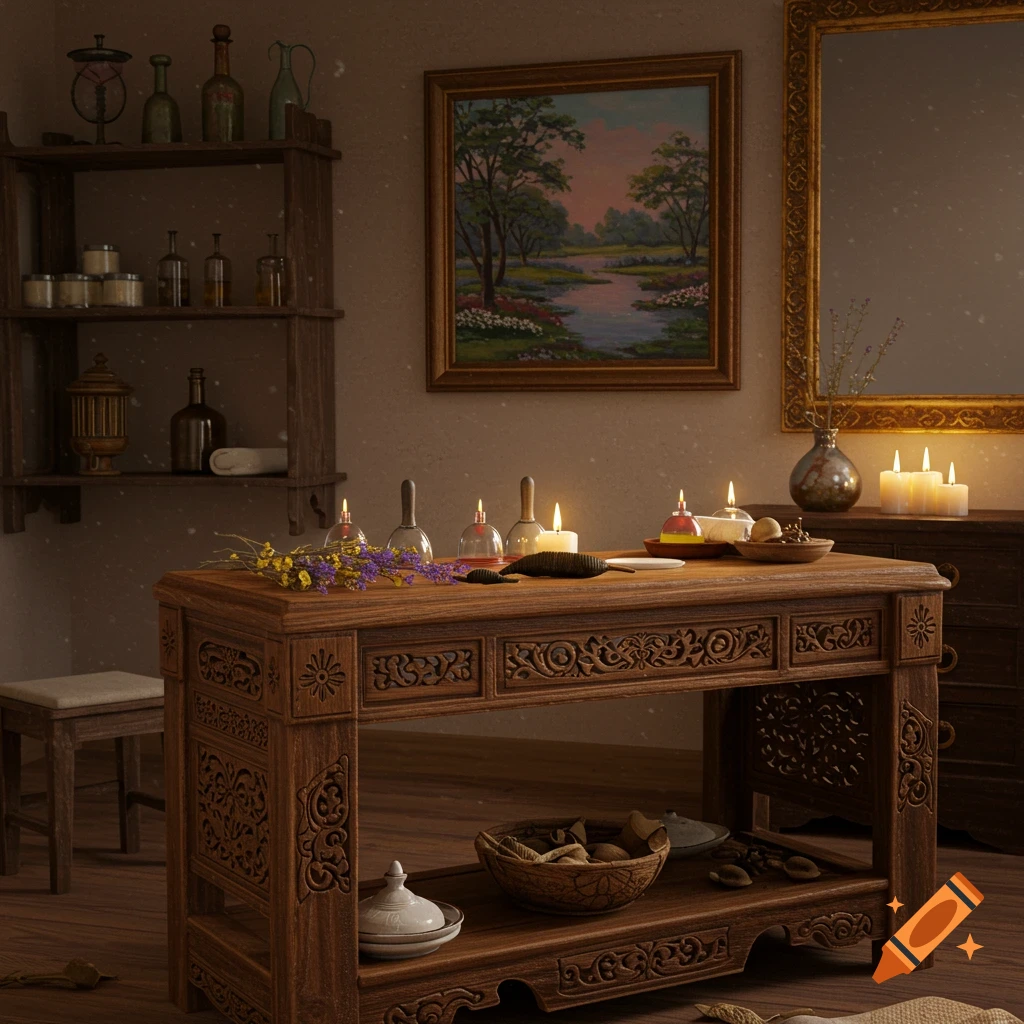 A richly carved wooden table with cupping glasses, candles, dried flowers, and traditional medicine items in a dim, cozy room.