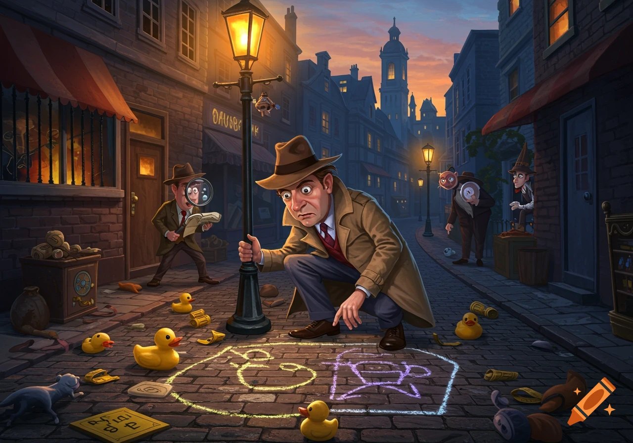 A cartoonish detective in a trench coat investigates chalk drawings and rubber ducks on a cobblestone street at dusk.