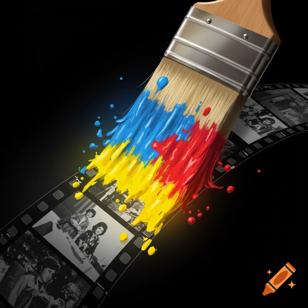 A paintbrush with blue, yellow, and red paint streaks is applied onto a black and white filmstrip.