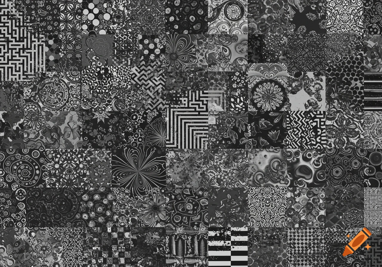 A dense collage of diverse black, white, and grayscale patterns including geometric, floral, and abstract designs.