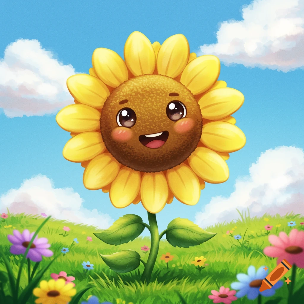 A happy, anthropomorphic cartoon sunflower with a smiling face stands in a vibrant green field under a blue sky.
