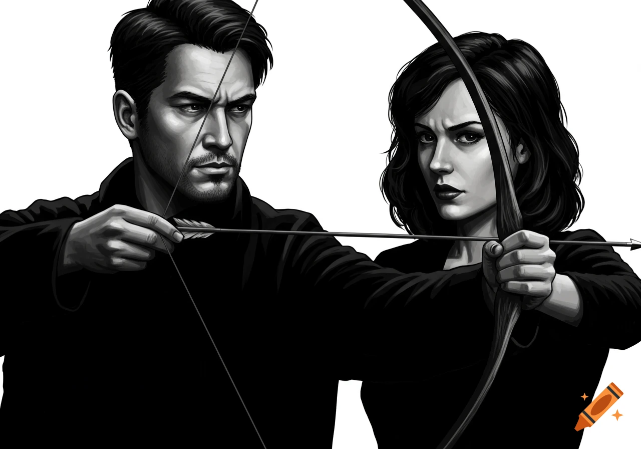 Black and white illustration of a man and woman aiming a bow and arrow, with the man holding the string and the arrow pointed towards the woman.