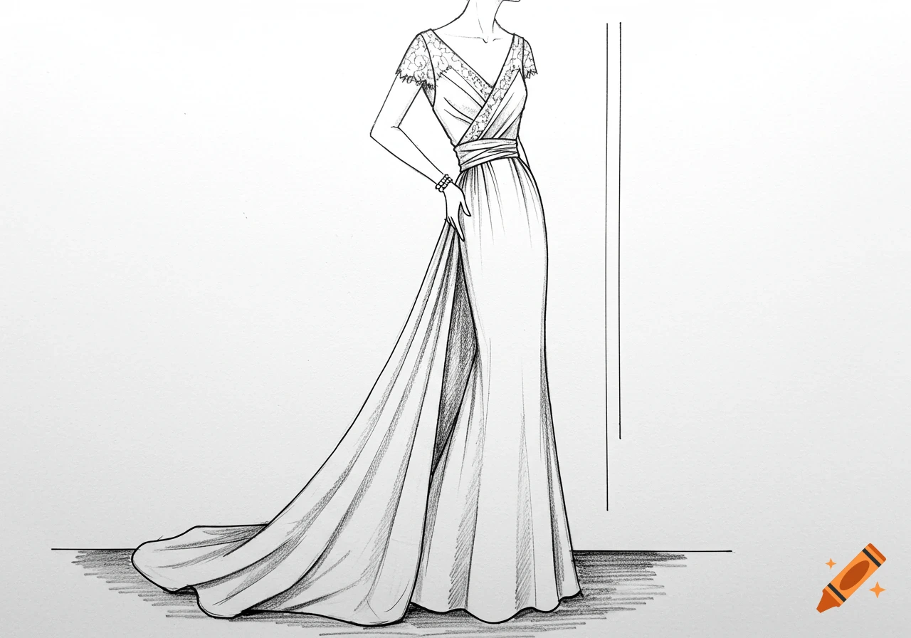 Pencil sketch of a classic long dress with lace sleeves and a flowing train.
