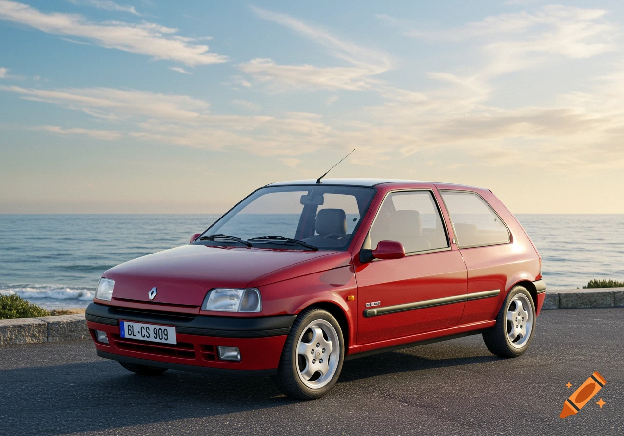 A red Renault Clio car parked by the ocean with a partly cloudy sky during sunset.