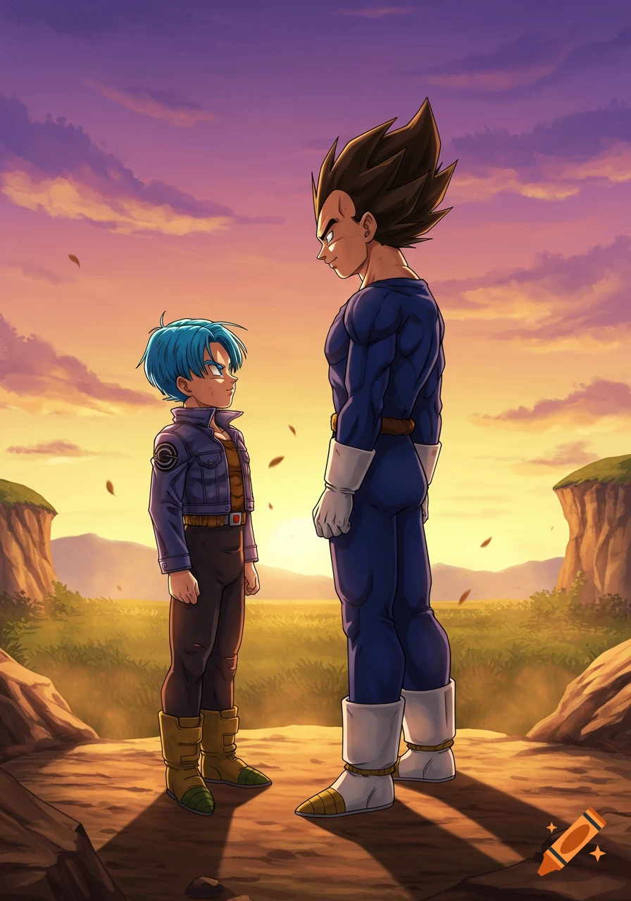 Anime father and son, Vegeta and Trunks, stand in a field at sunset.