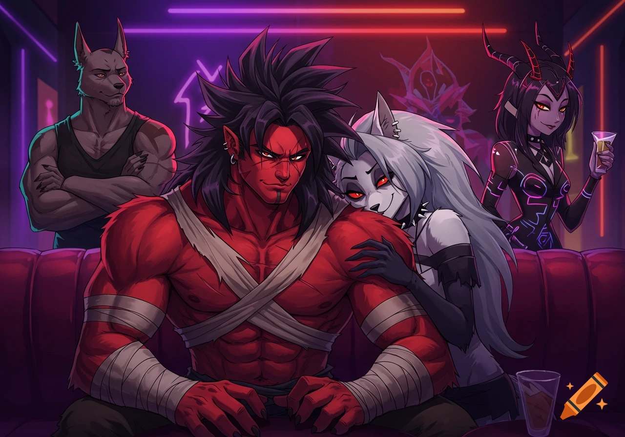 Four anime-style characters, including a red-skinned man and a white-furred hellhound, relax in a neon-lit lounge.