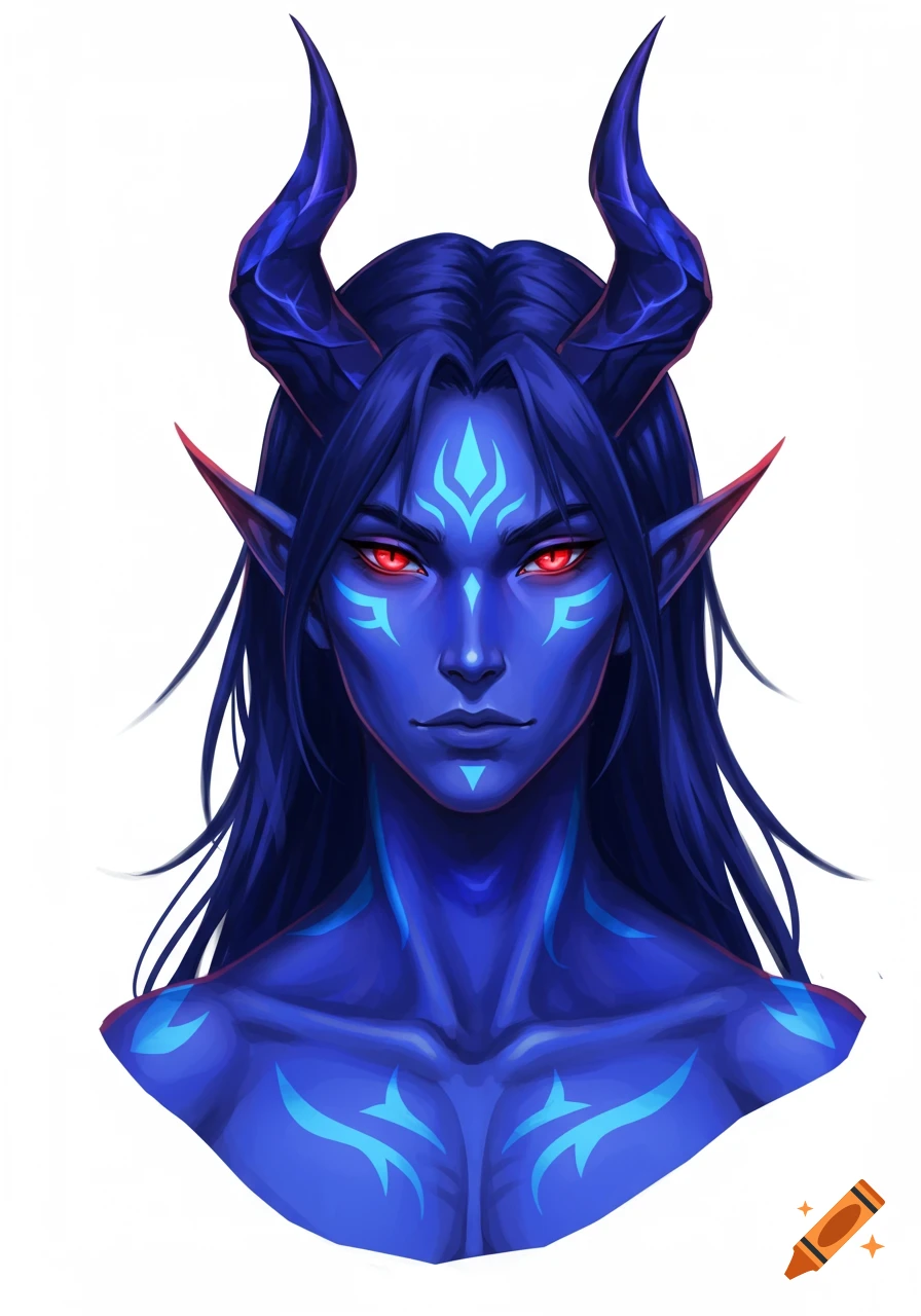 Portrait of a blue-skinned male demon with horns, red eyes, and tribal markings, in anime style.
