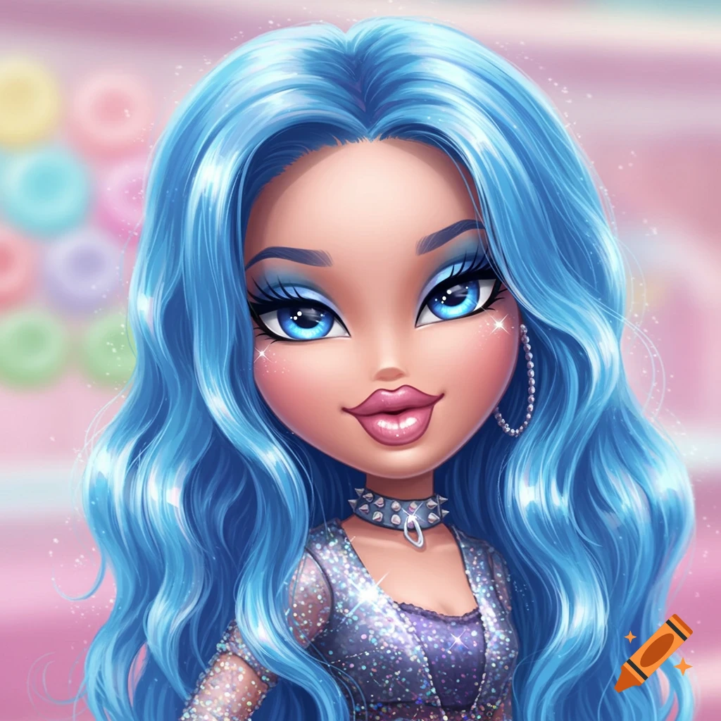 Close-up of a Bratz-style doll with long wavy blue hair, big blue eyes, pink lips, wearing a glittery top and choker.
