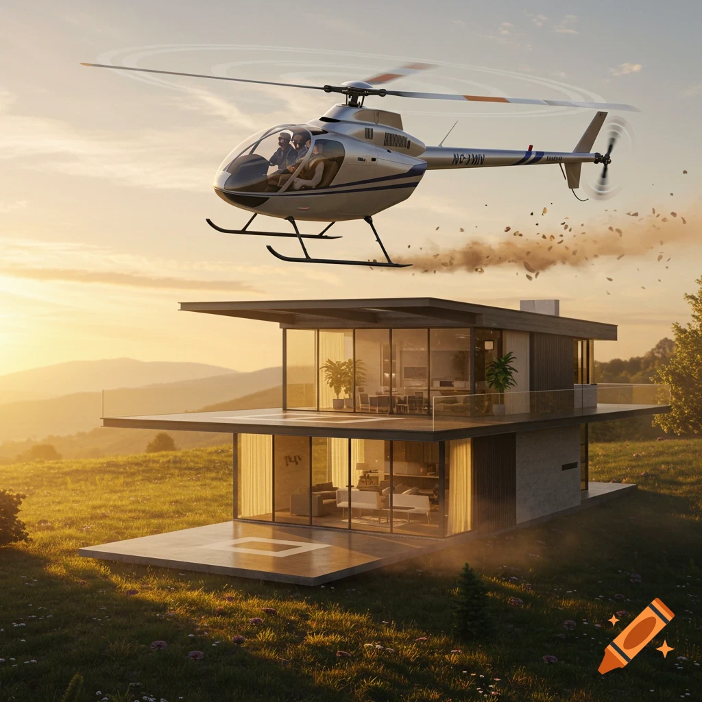 A silver helicopter hovers above a modern glass house with a helipad, set in a sunny, green mountain landscape at sunset.
