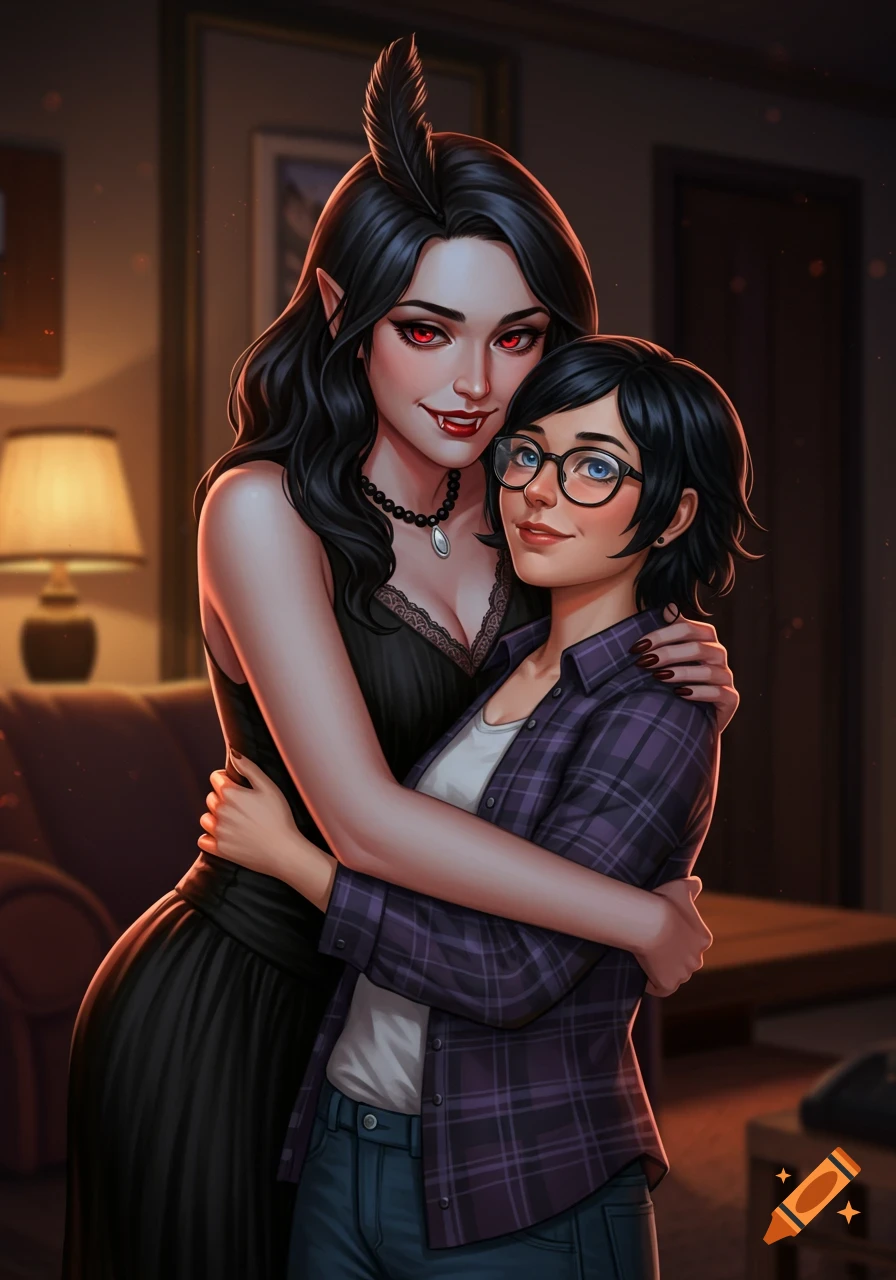 Digital art of a smiling vampire woman with red eyes embracing her human girlfriend in their cozy home.