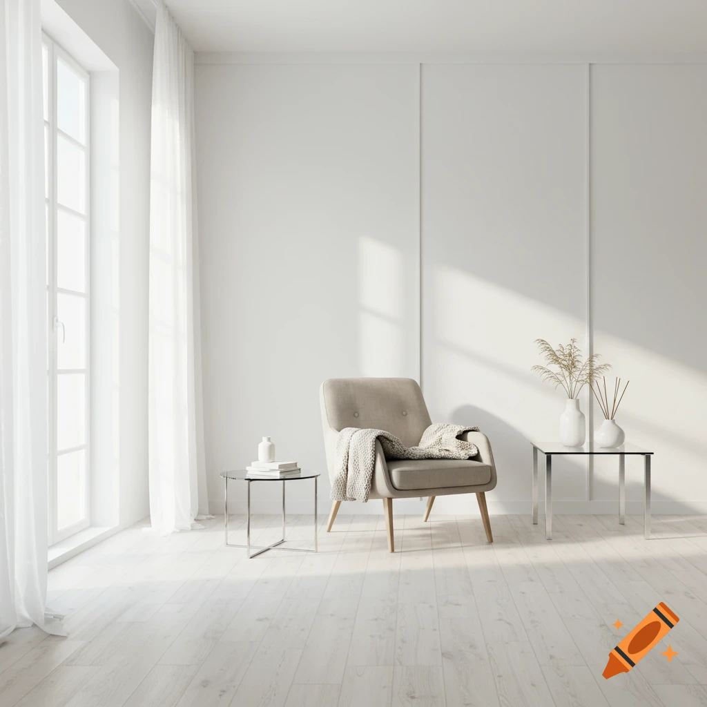 A bright, minimalist living room featuring a beige armchair, glass side tables, and sheer white curtains next to a large window.