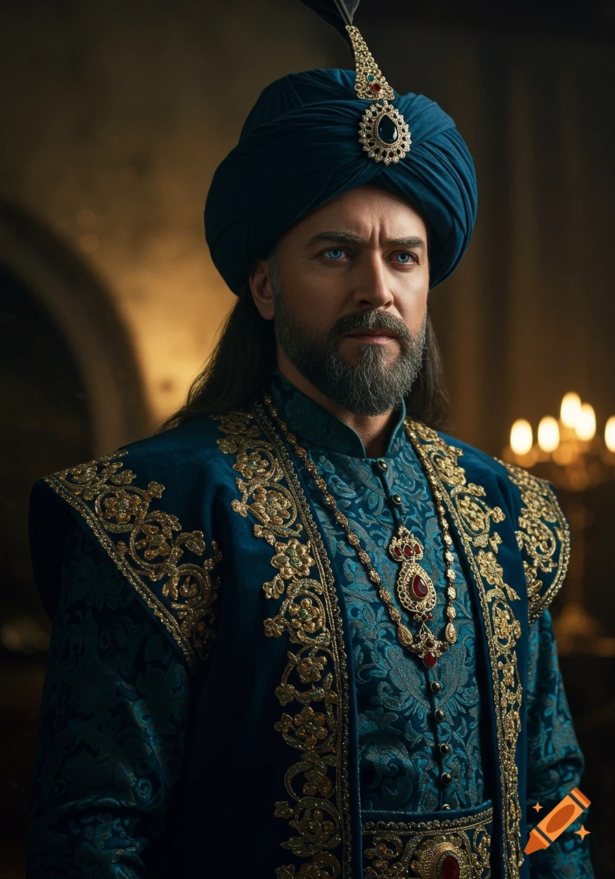 A serious man with a beard and light blue eyes, wearing an ornate blue velvet and gold embroidered historical Persian costume and a bejeweled blue turban.