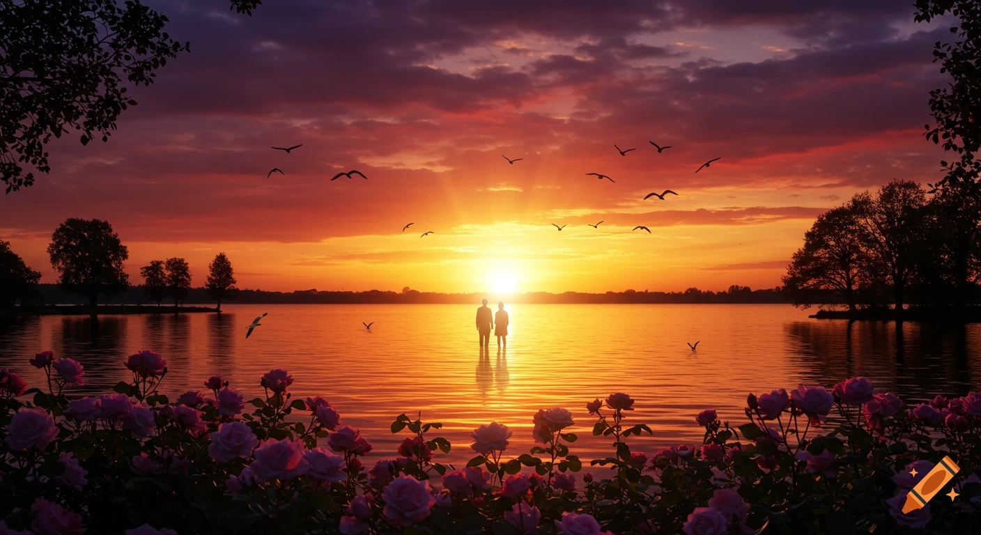 Photorealistic serene sunset over a lake with two silhouettes standing in the water. Pink roses frame the foreground, birds fly, and trees line the distant shore.