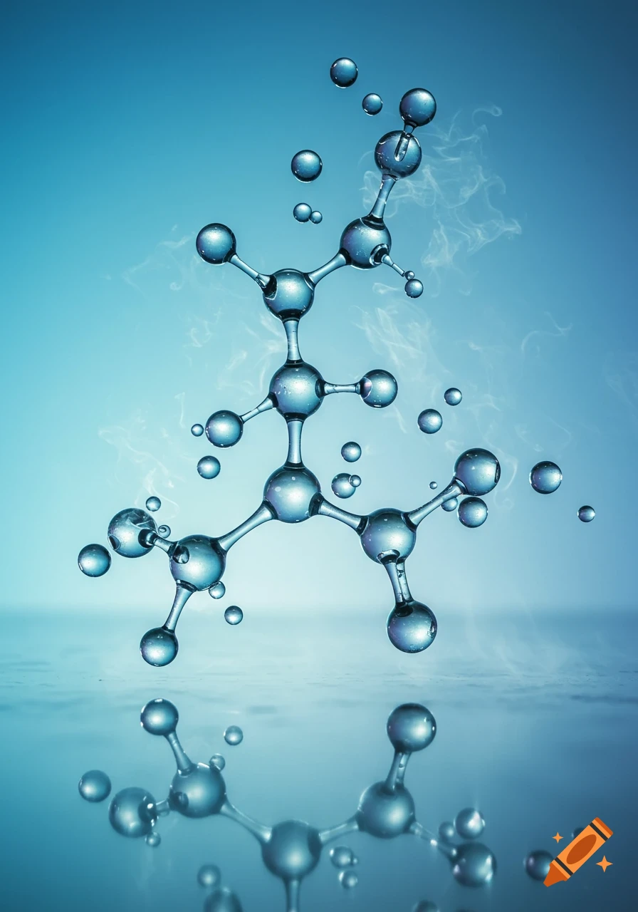 Close-up of a stylized molecule with glossy blue spheres and bonds resembling water droplets, reflecting on a surface against a blue background.