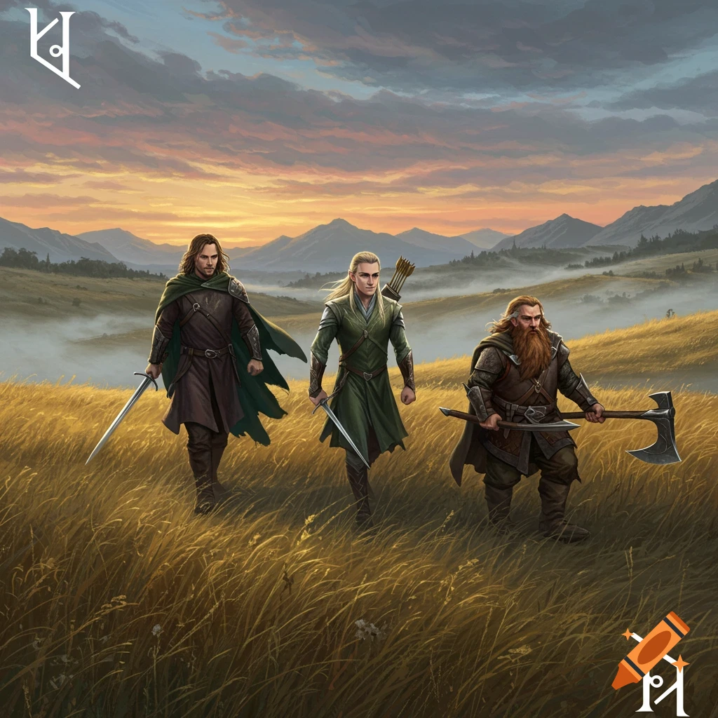 Aragorn, Legolas, and Gimli walk through a golden grassy plain at sunset in a fantasy illustration.