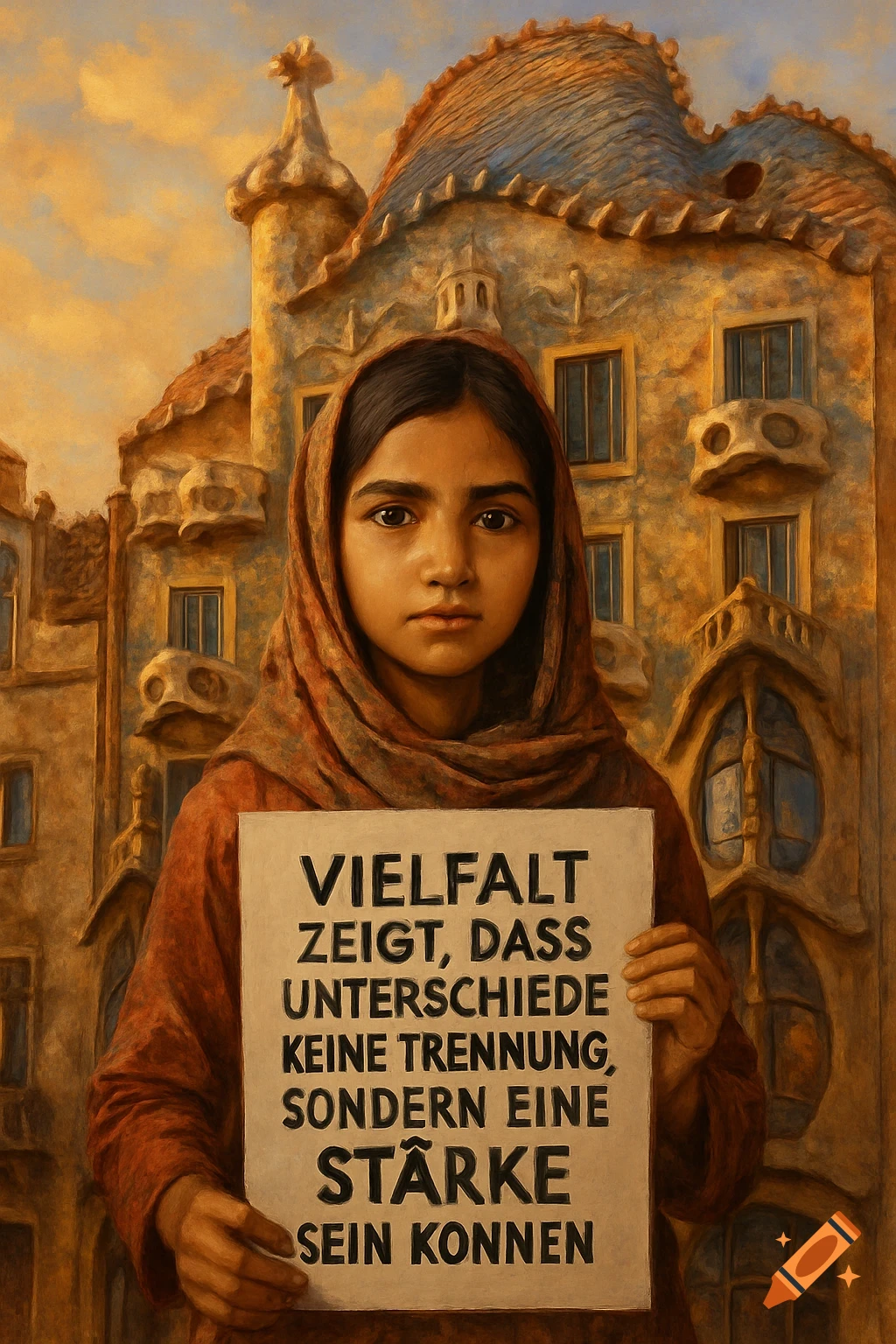 A young girl in a headscarf holds a sign with German text in front of a stylized, Gaudi-esque building, painted in warm tones.