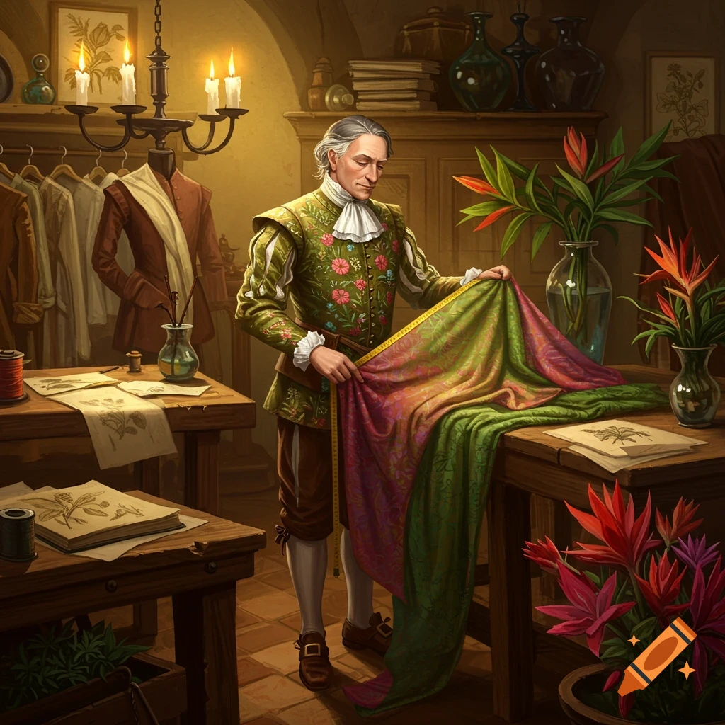 A Renaissance-era tailor in an ornate, plant-filled workshop measures a vibrant floral fabric.