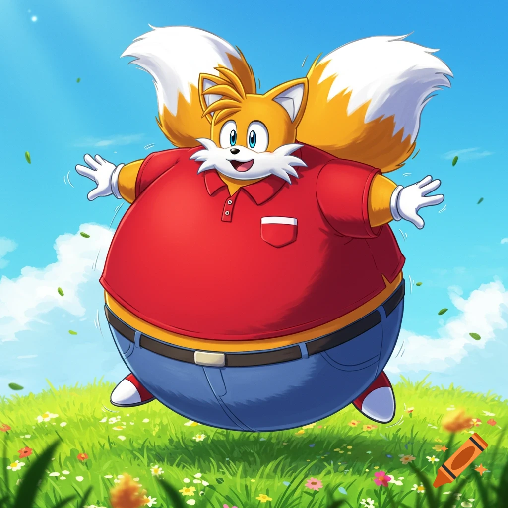 An obese, inflated Tails, a yellow cartoon fox, wears a red polo shirt and blue jeans, bouncing in a vibrant green field under a blue sky.