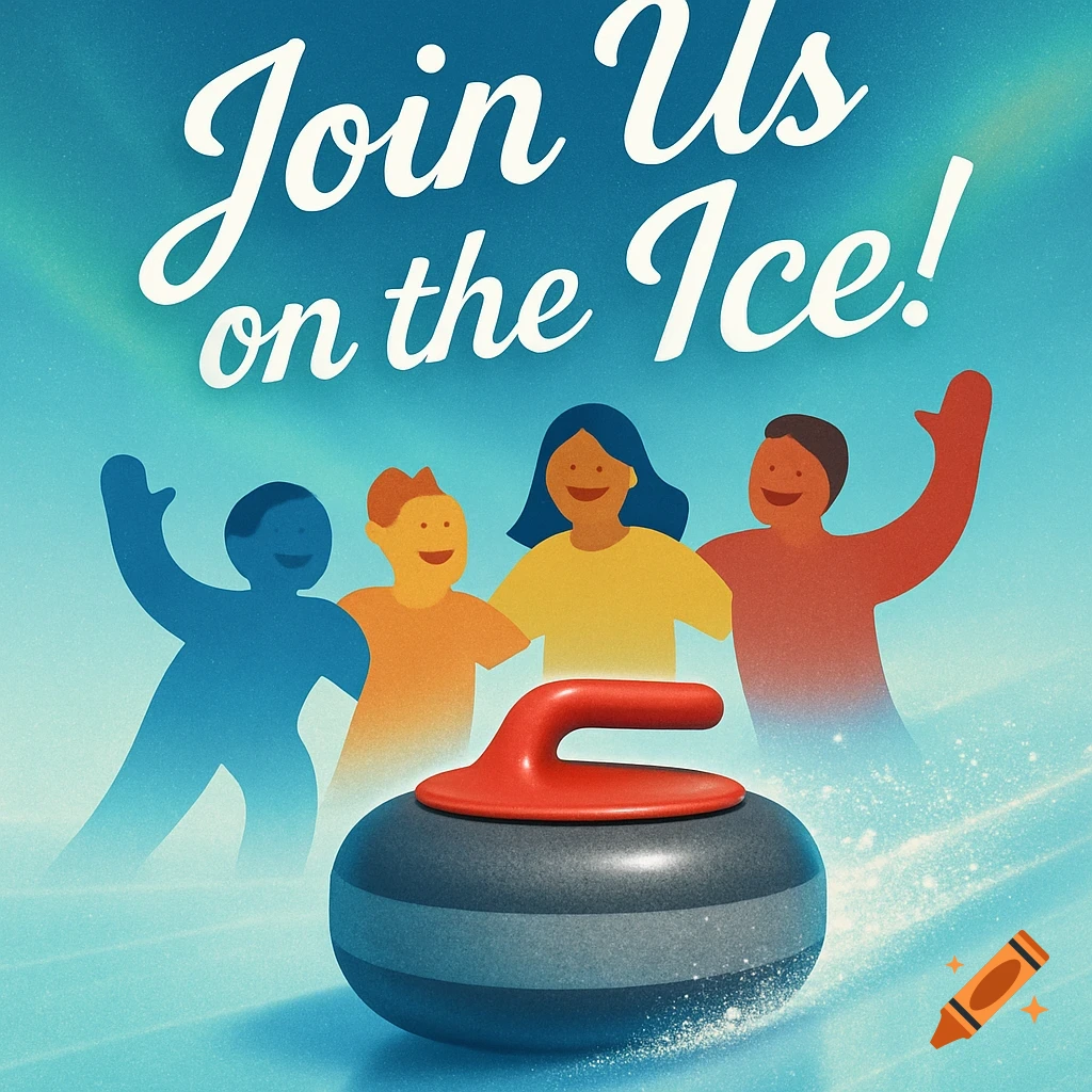 Stylized illustration of a curling stone in front of abstract people on ice, with text 'Join Us on the Ice!'