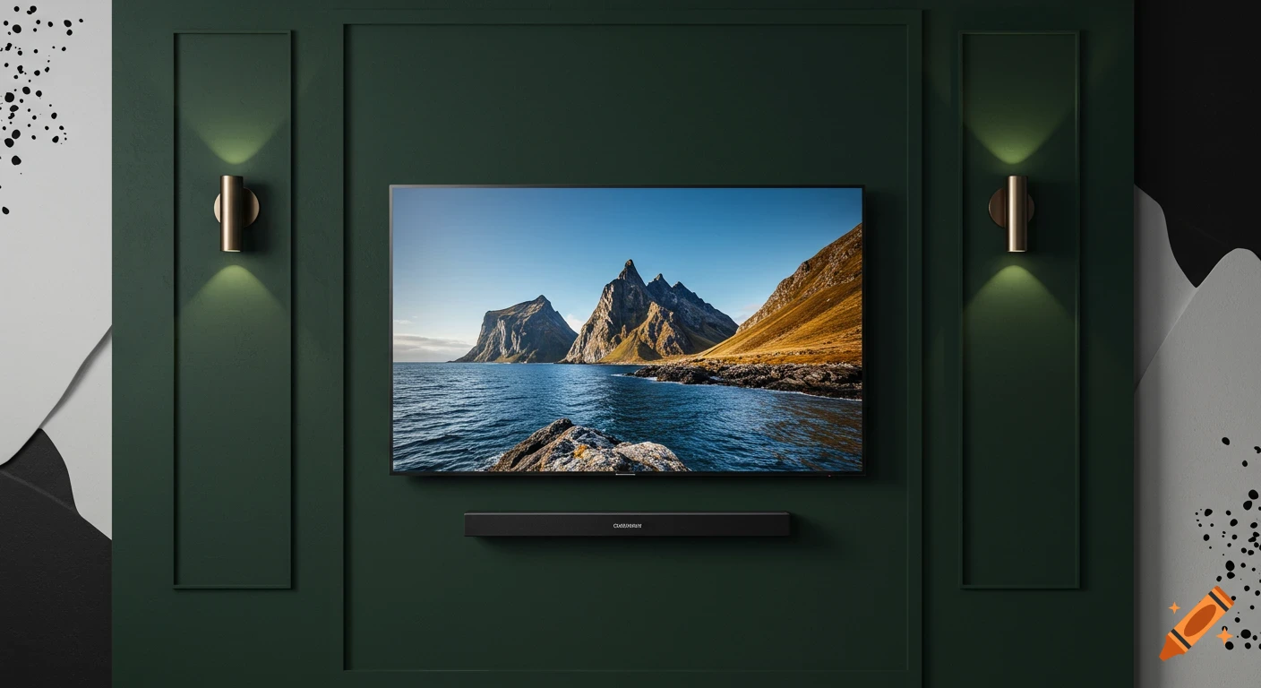 A modern dark green TV wall with a large QLED TV displaying a mountainous coastal landscape, a soundbar below it, and two brass sconces. Abstract black and white shapes adorn the sides.