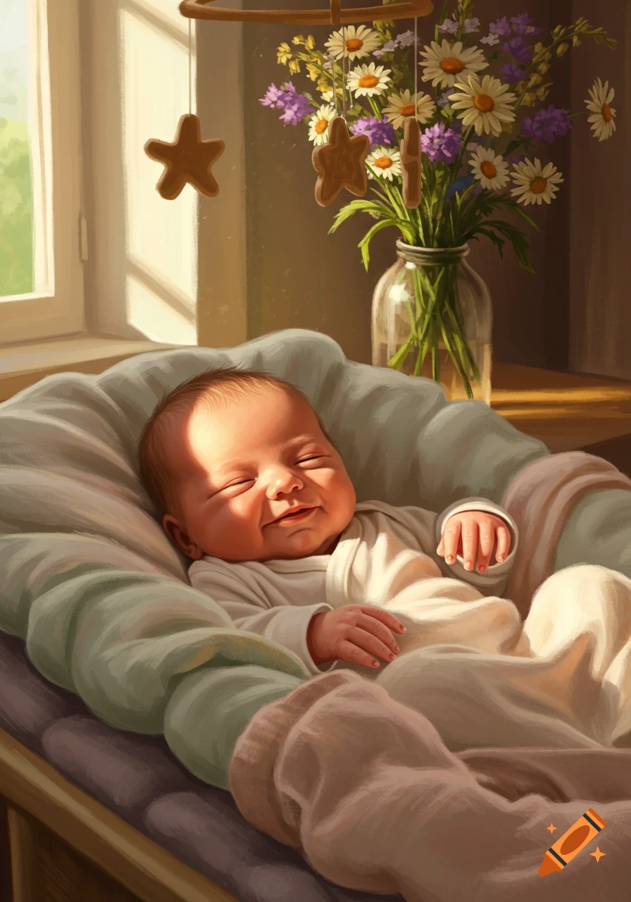 A content newborn baby sleeps soundly in a bassinet by a sunlit window, with a floral bouquet and mobile overhead, in a warm digital painting.