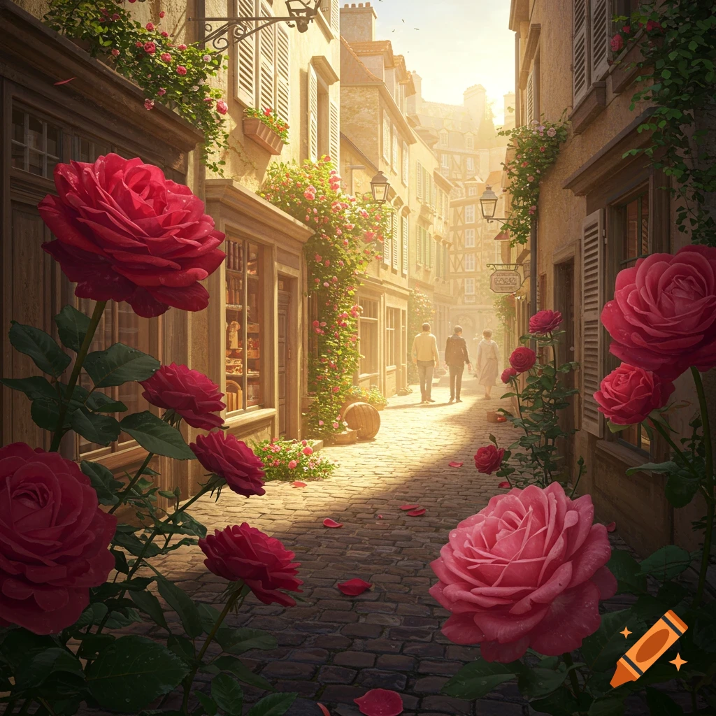 A charming, sunlit cobblestone street in an old European town, framed by vibrant red and pink roses, with people walking in the distance.
