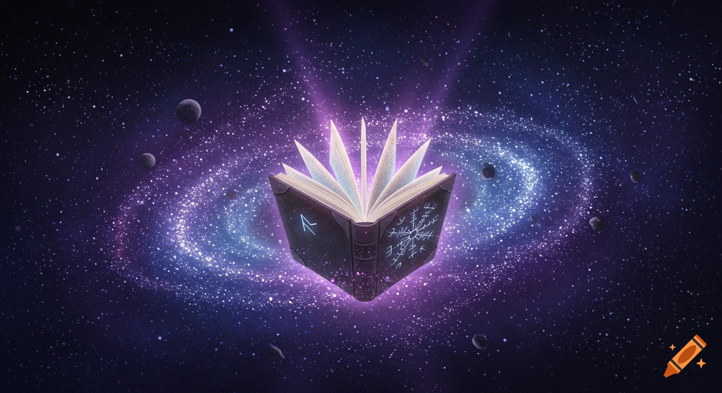 A magical open book glowing with purple light, floating in a vibrant galaxy with a spiral nebula and distant planets.