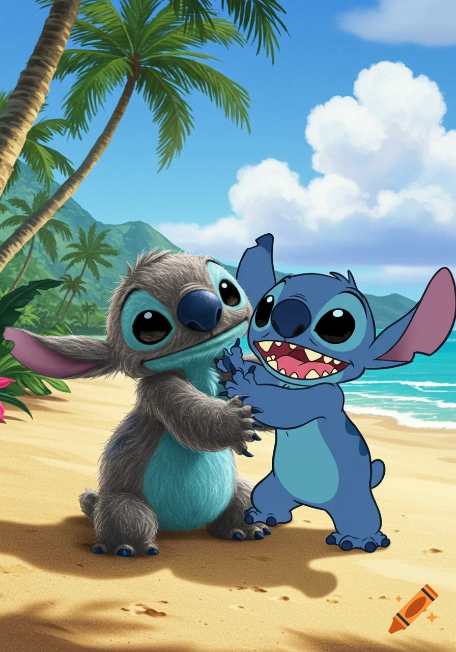 A fuzzy, live-action style Stitch embraces a classic cartoon Stitch on a tropical beach.