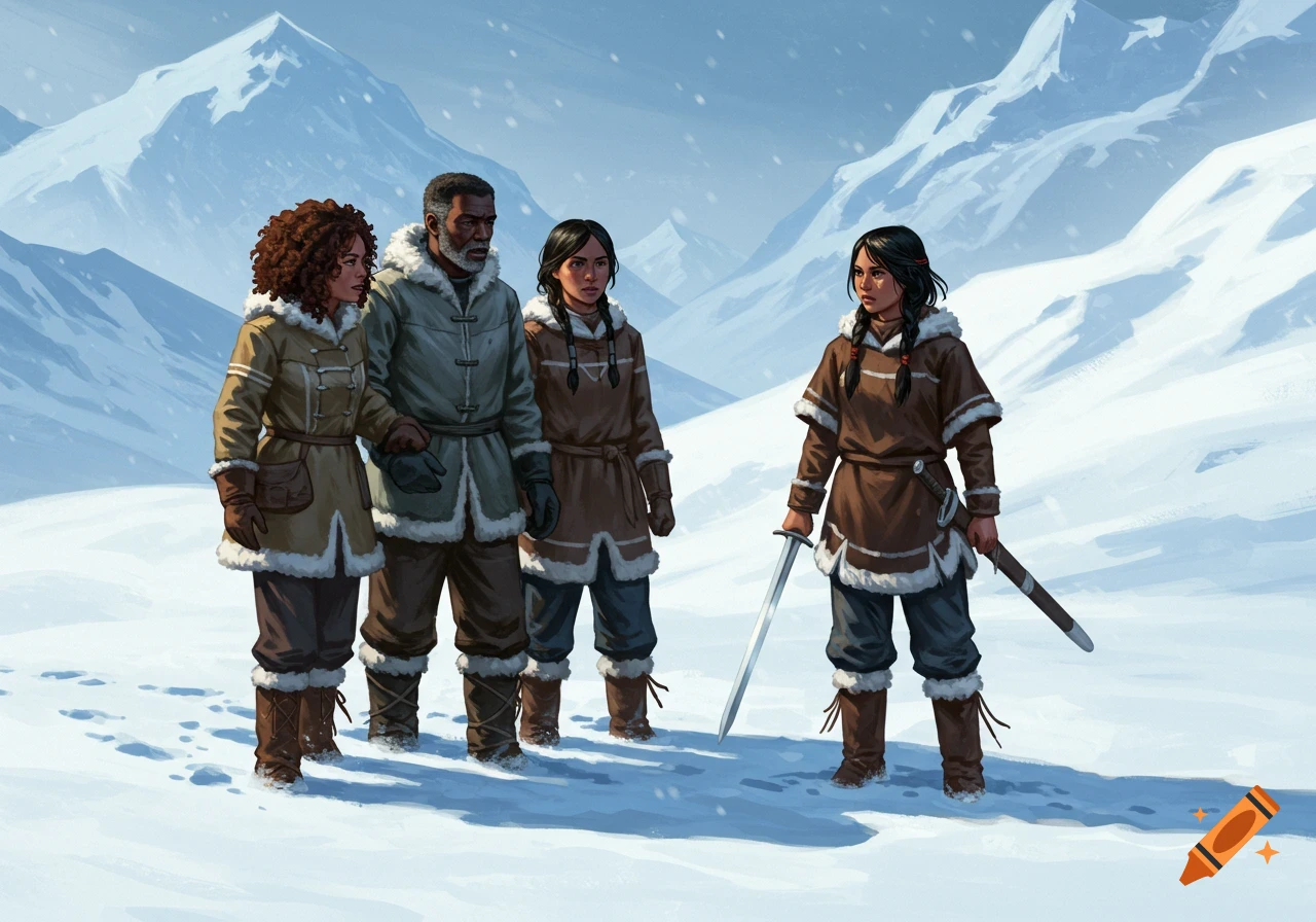 Four people in fur-lined winter clothing stand in a snowy mountain landscape, one holding a sword, in a fantasy art style.