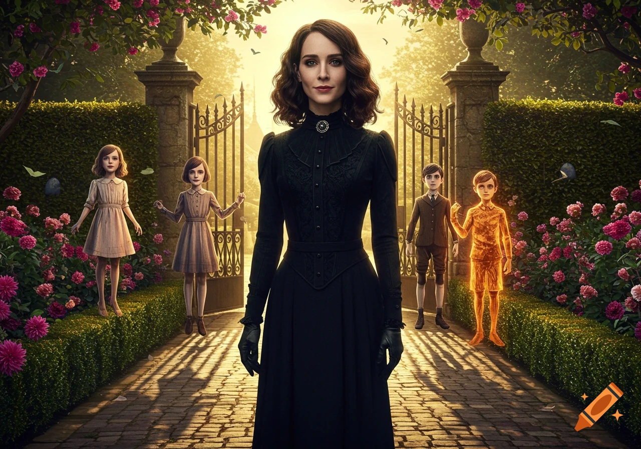 A stern woman in a black Victorian dress stands in a garden pathway. Behind her, two girls float above hedges and two boys stand near a gate, one of whom is glowing orange, all with a fantastical, dreamlike quality.
