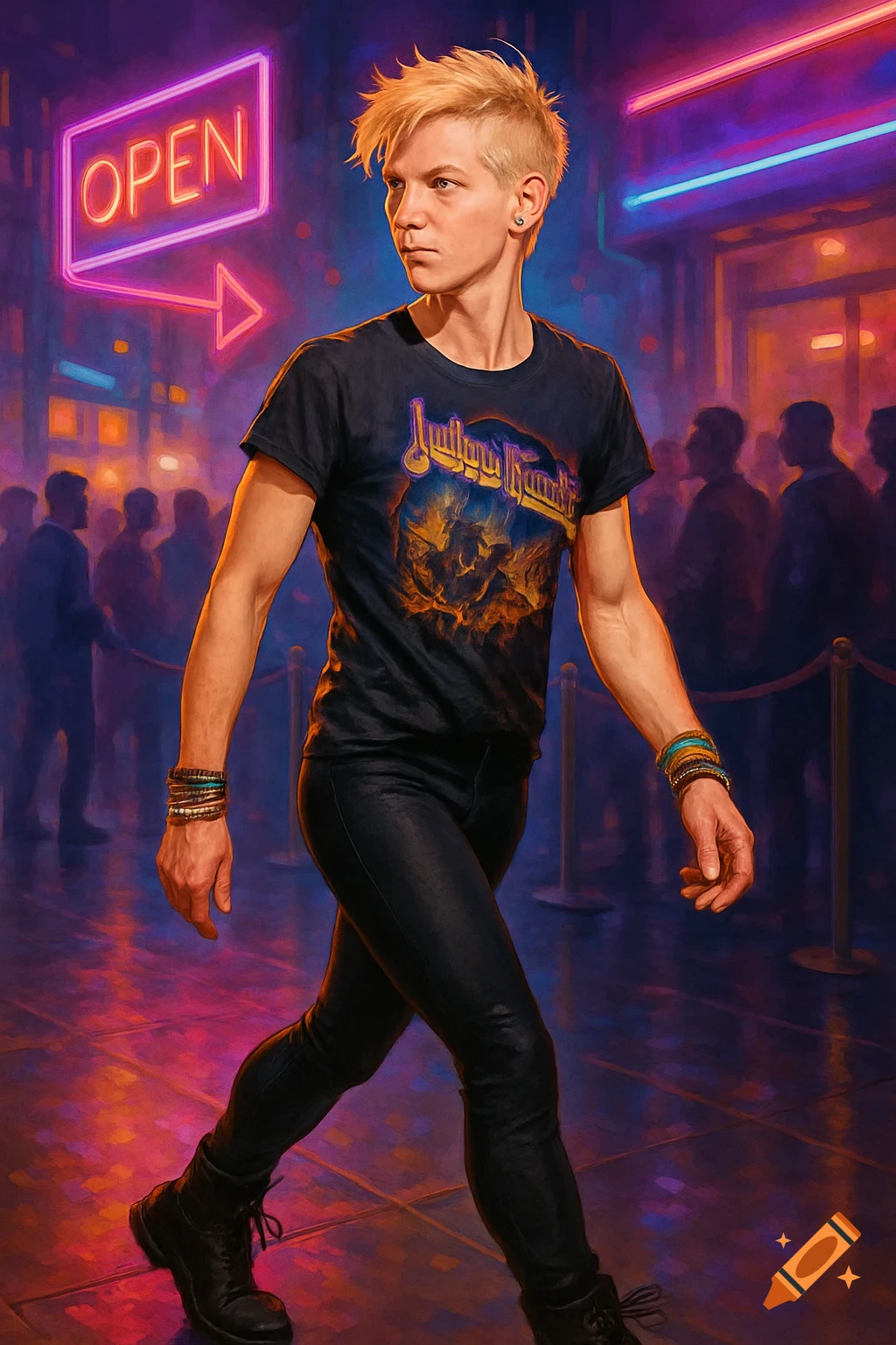 A non-binary person with spiky blonde hair in a rock band t-shirt, black leggings, and boots, walks in a neon-lit city at night, digital painting.