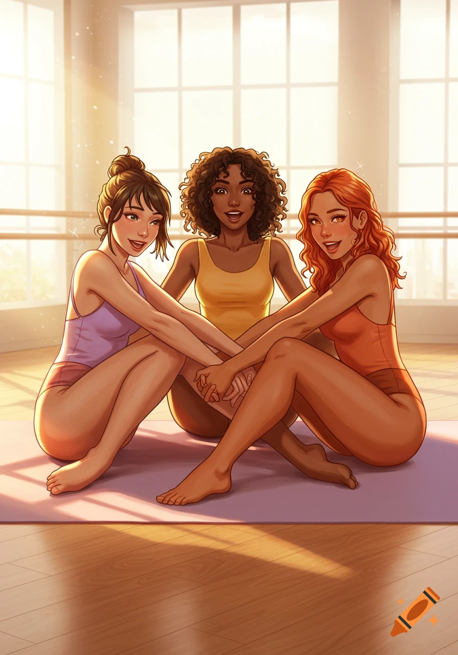 Three diverse women in leotards sit intertwined on a yoga mat in a sunny studio, smiling. Anime style.