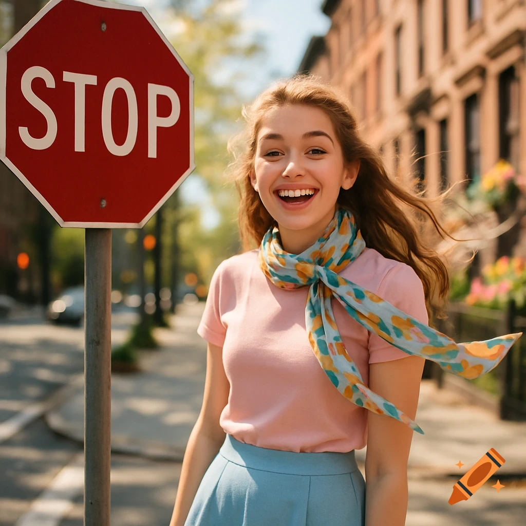A smiling young woman in a pink shirt and blue skirt stands next to a red stop sign on a sunny city street.