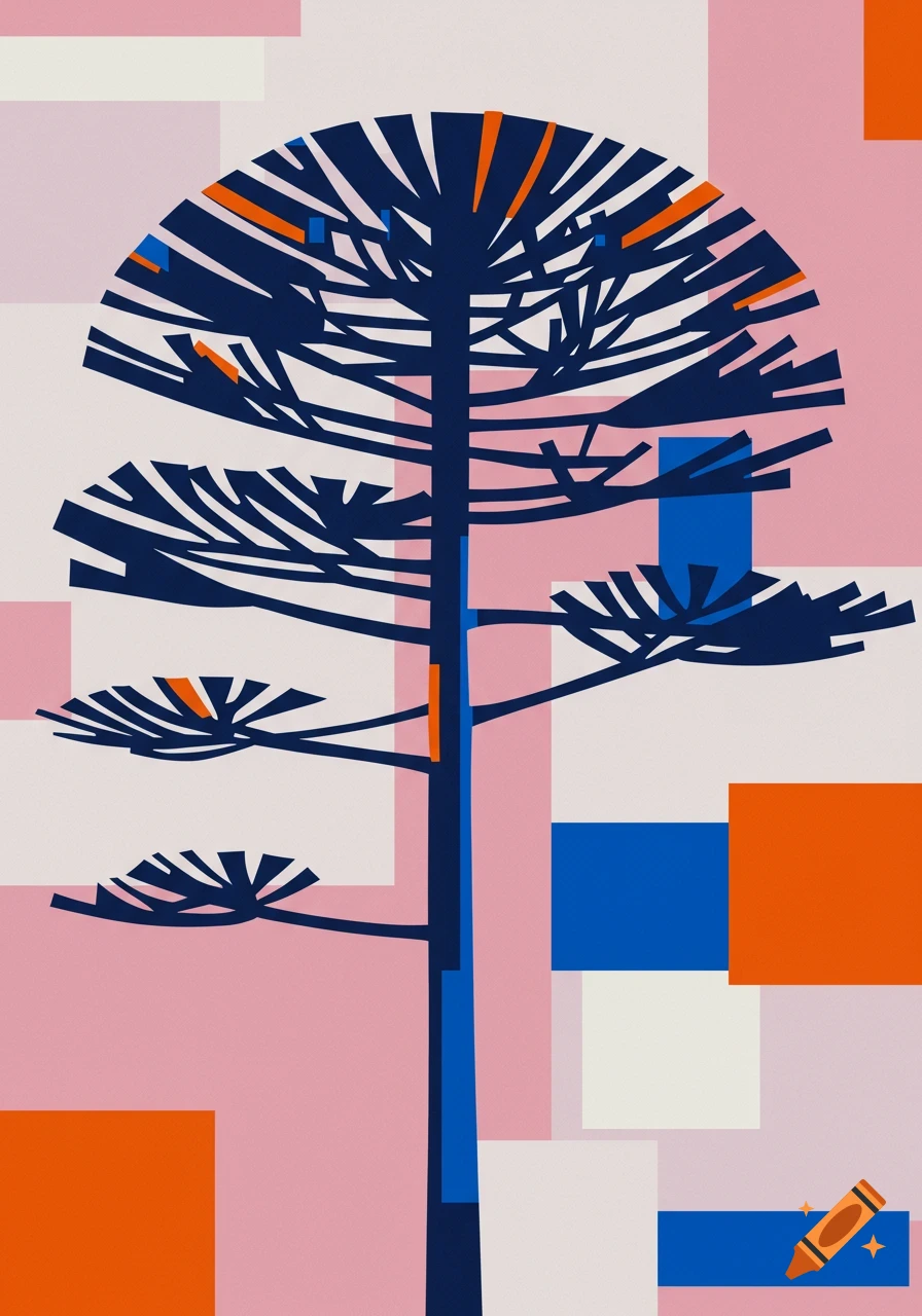 Abstract geometric art of a dark blue tree with orange and blue accents against a background of pink, white, blue, and orange blocks.