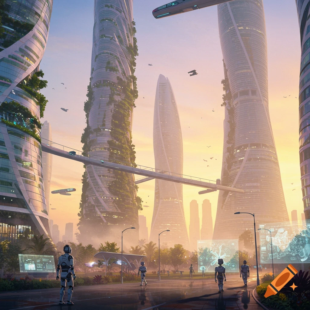 A vibrant futuristic cityscape at sunrise with towering green-covered buildings, flying vehicles, and robots on the street.