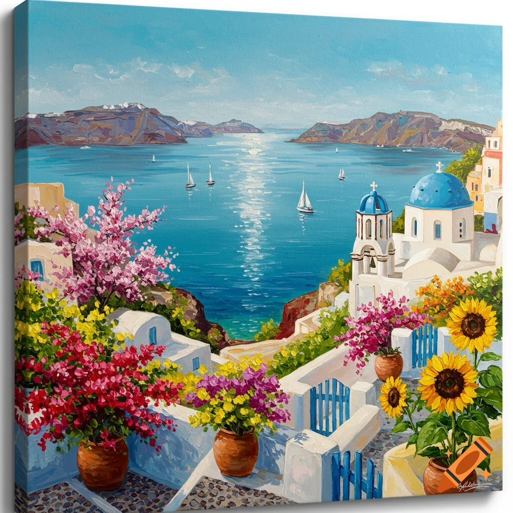 Vibrant painting of Santorini with white houses, blue-domed churches, colorful flowers, and sailboats on a sparkling blue sea.