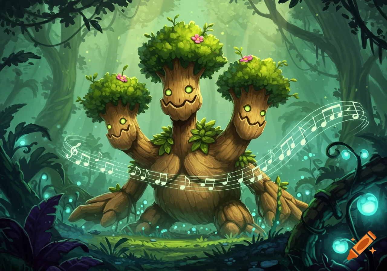 A three-headed, tree-like monster with glowing green eyes sings musical notes in a magical, glowing forest, cartoon style.