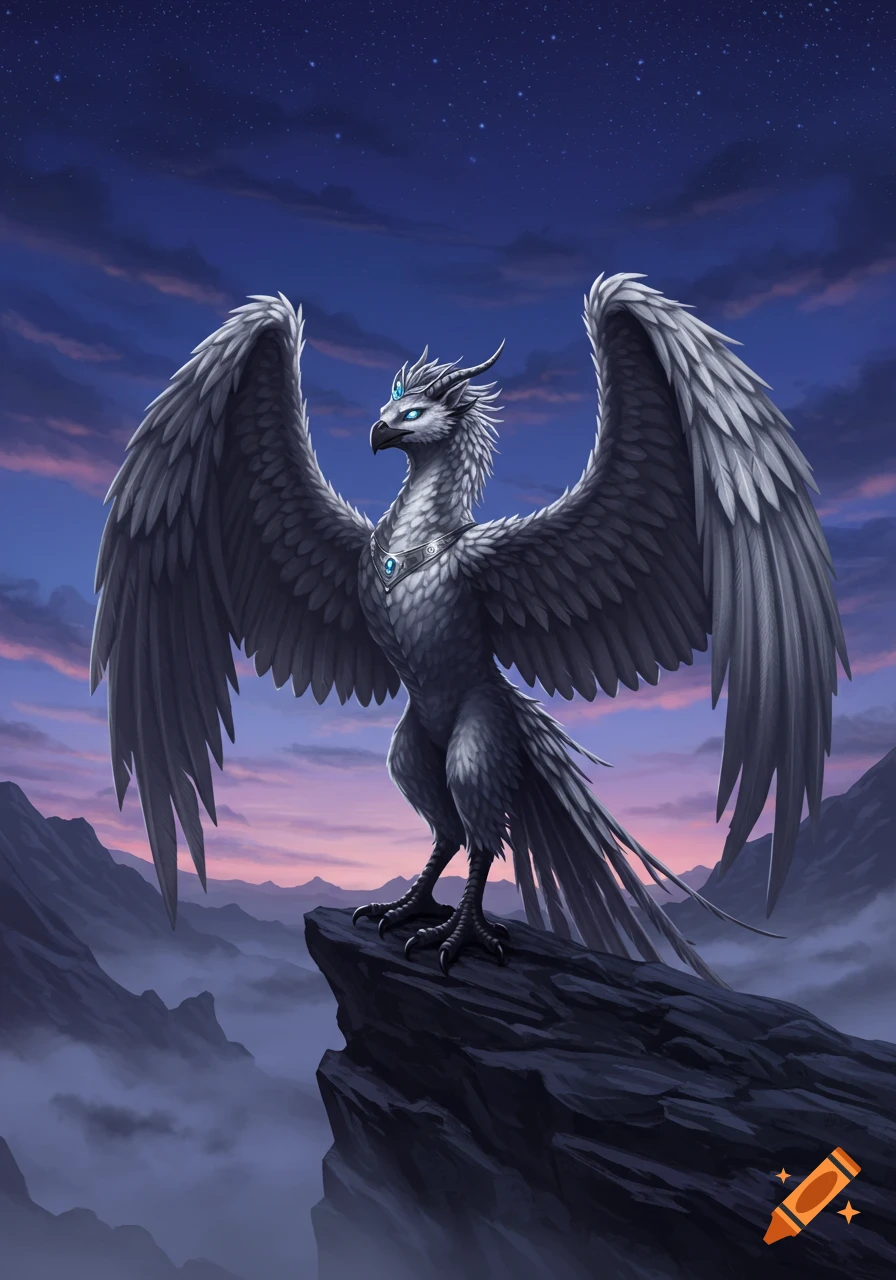 A majestic silver griffin-like creature with blue glowing eyes and spread wings perched on a mountain cliff at twilight, under a starry sky.