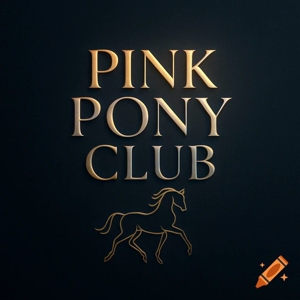 A modern gold logo on a dark background, featuring the words 'PINK PONY CLUB' and an outline of a horse.
