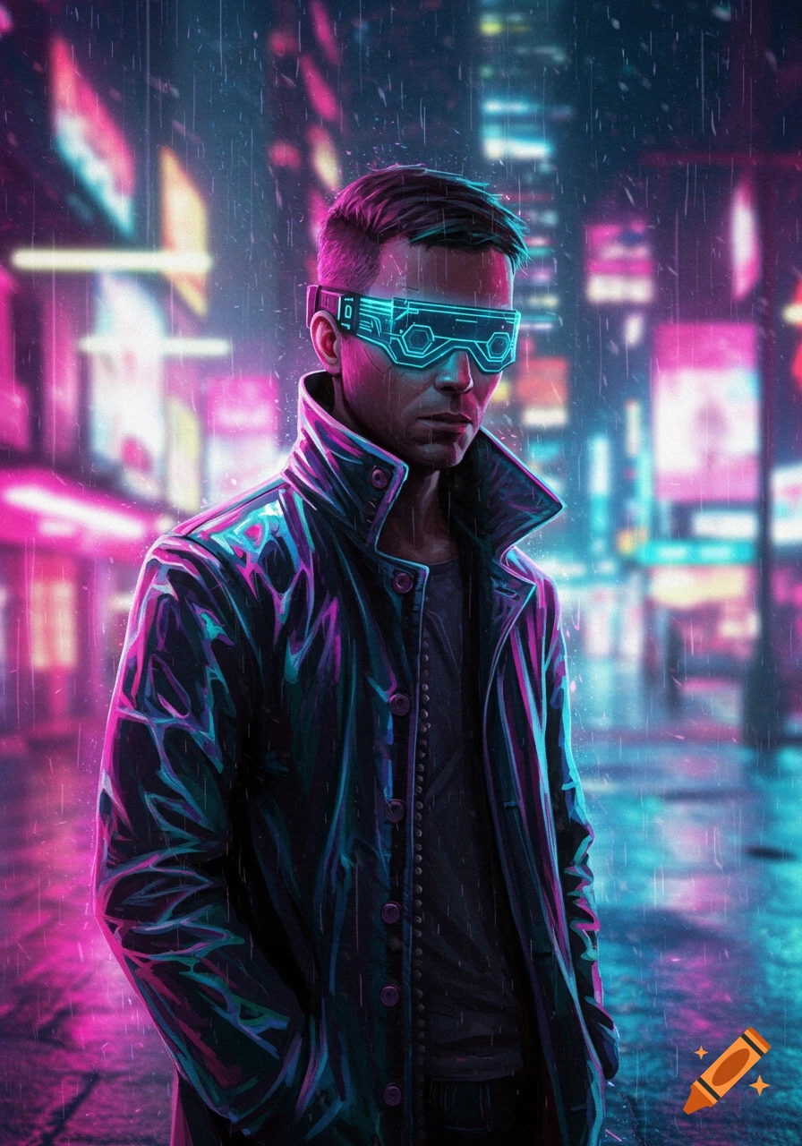 A man in a cyberpunk setting wearing a shiny raincoat and futuristic neon blue visor glasses, with neon city lights and rain in the background.