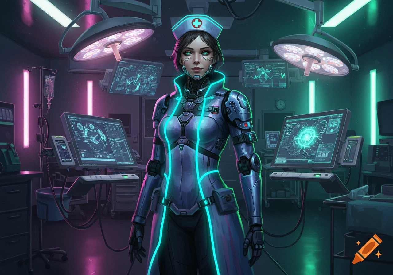 A cyberpunk nurse with glowing blue accents stands in a futuristic hospital operating room with neon lights and holographic screens.