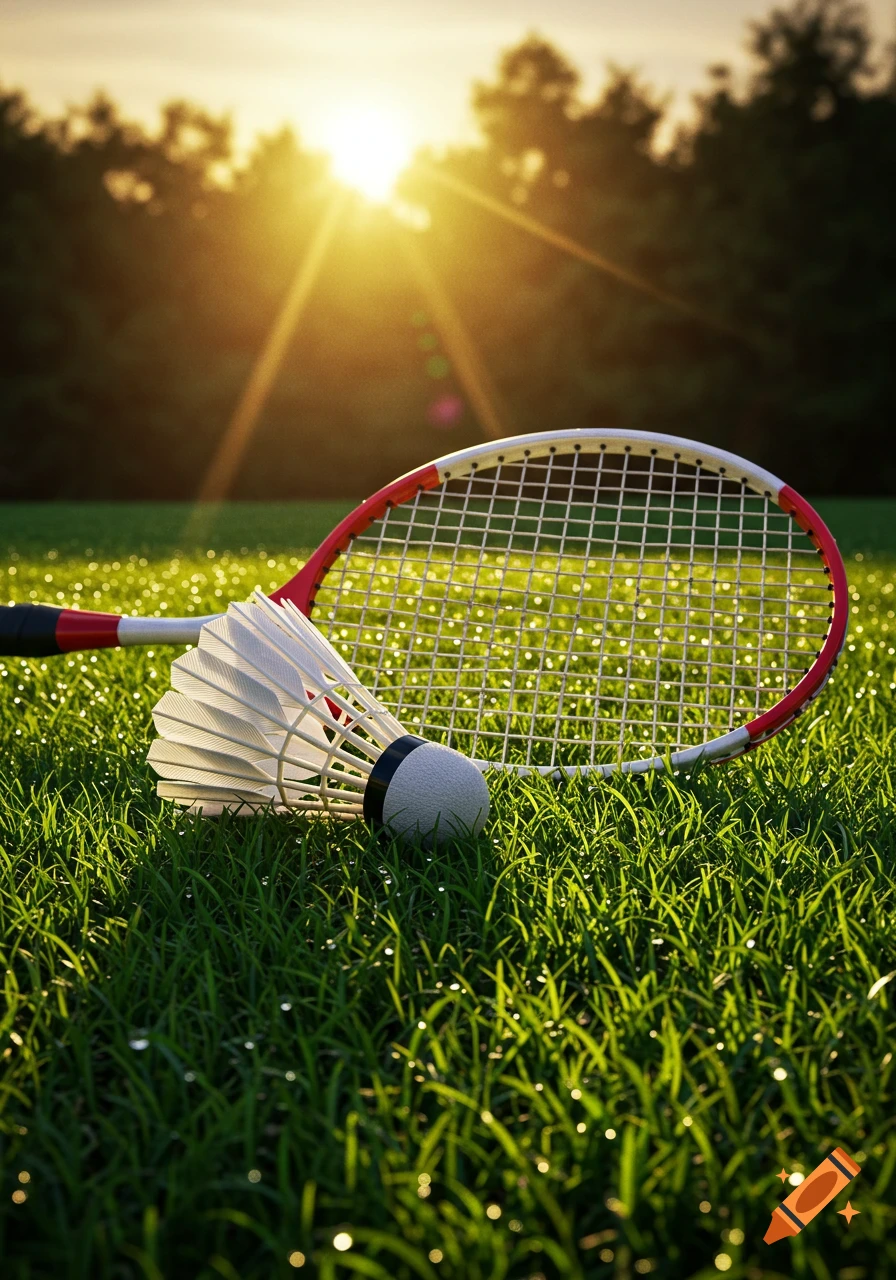 A close-up of a badminton racket and shuttlecock on dew-covered grass during sunrise or sunset, photorealistic style.