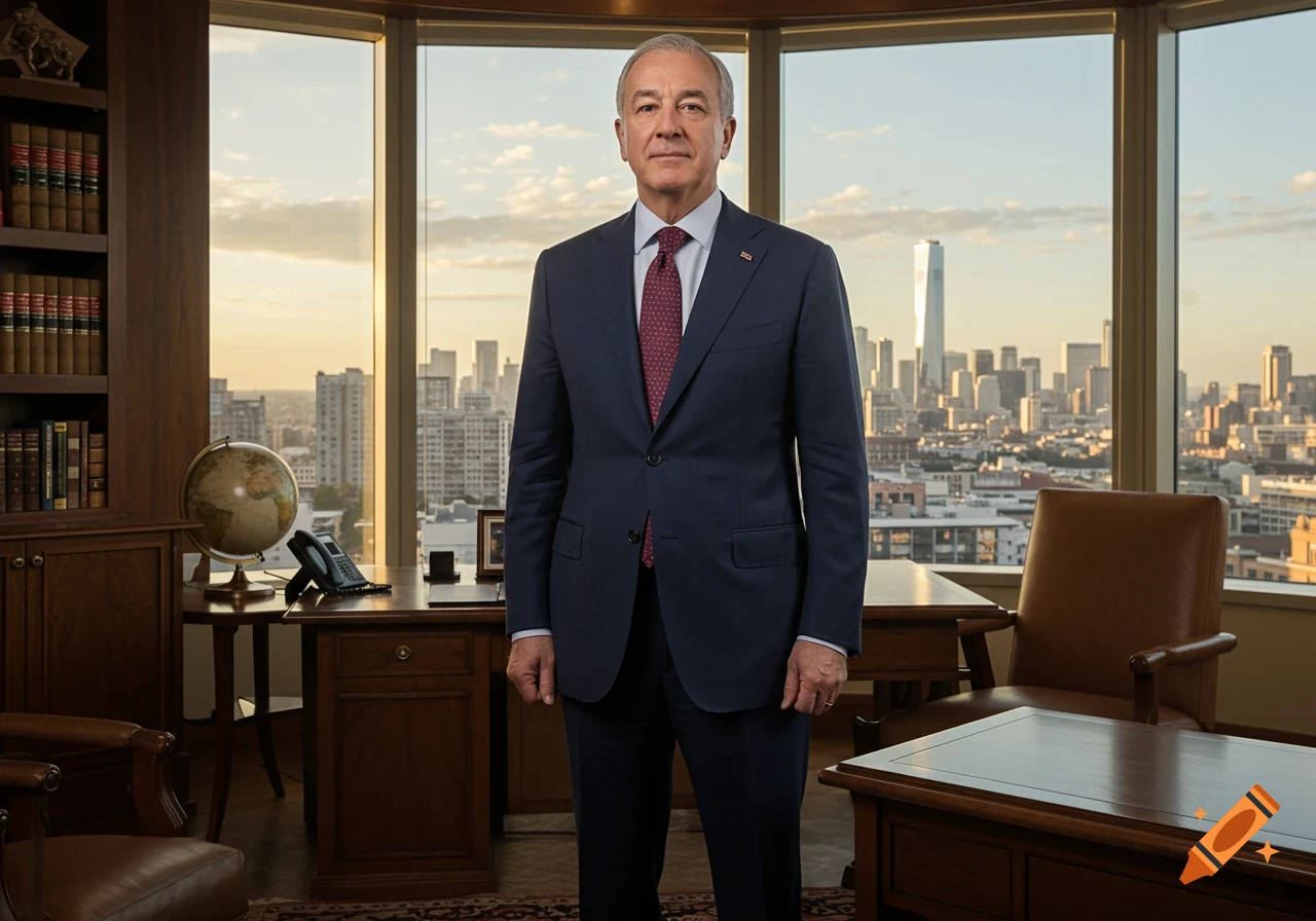 A serious man in a dark suit stands in a high-rise office with a city skyline at sunset.