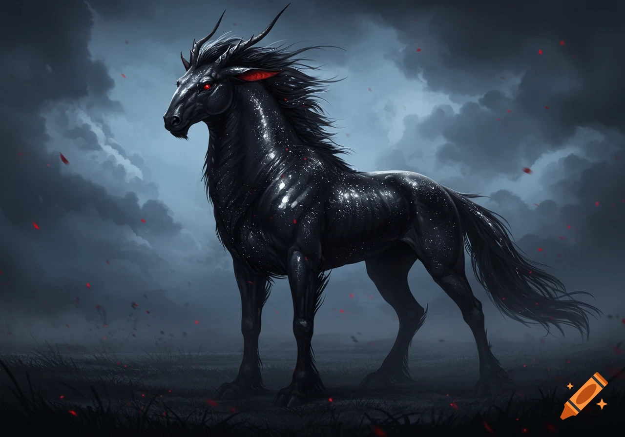Dark fantasy art of a powerful, horned, horse-like mythical creature with glowing red eyes and a starlit black coat standing in a cloudy, dark field.