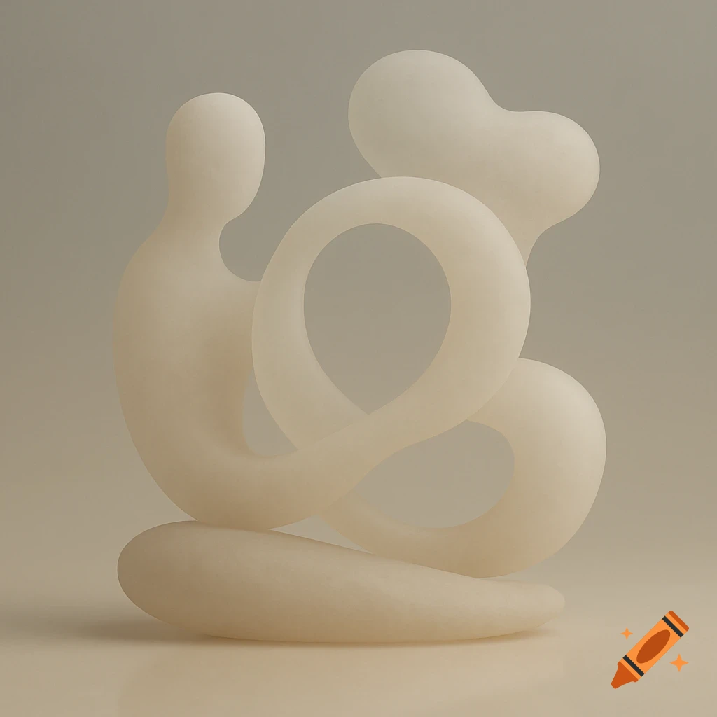An off-white abstract sculpture with flowing, interconnected, smooth, and rounded shapes.